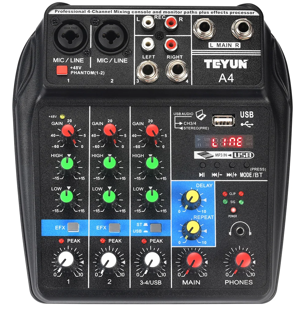 

4 Channel Mixing Console 48V Phantom Power 2 Mono 1 Stereo USB PC Play Record Computer Playback Bluetooth Mini Audio Mixer A4