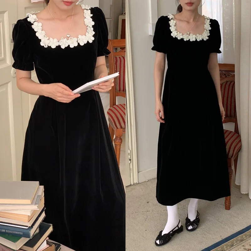 Autumn French Vintage Black Velvet Midi Dresses for Women Puff Sleeves Square Collar A-line Korean Fashion Vestido Mujer New