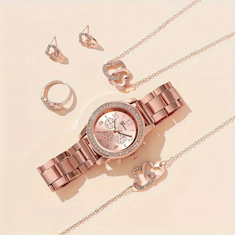 Women's quartz watch 1pc & 5pcs heart-shaped rhinestone jewelry 6pcs Set