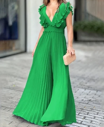 Fashionable and Casual New Product, Sexy V-Neck, Pleated Wooden Ear Edge, Expensive and Beautiful Girl's Jumpsuit