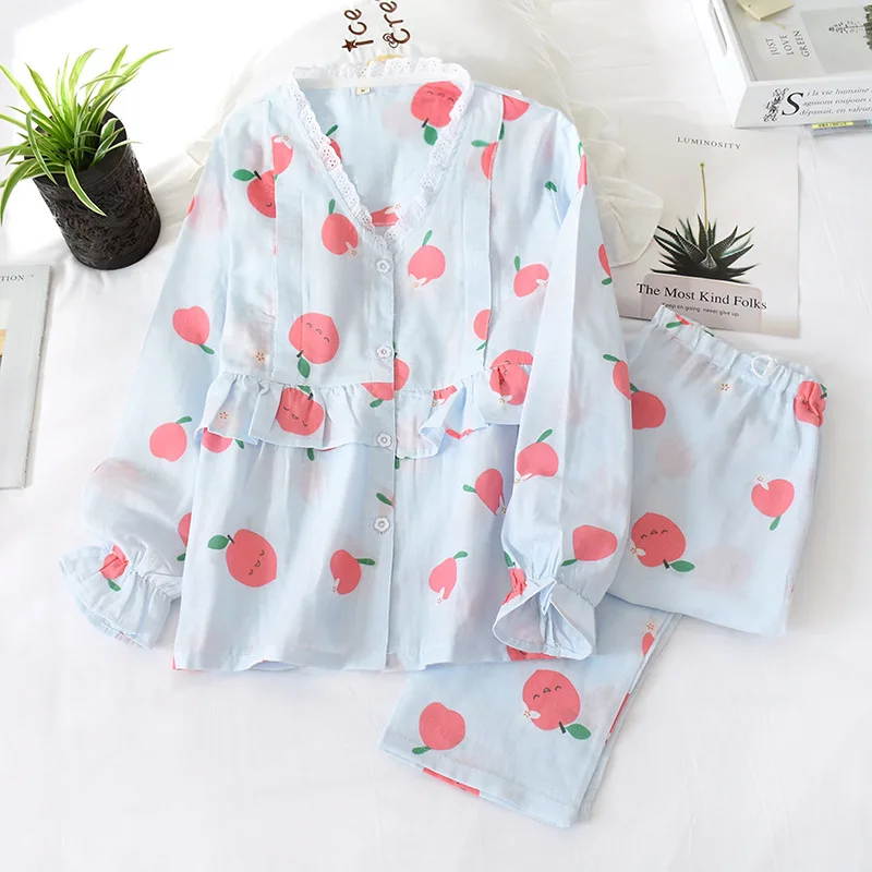 

Maternity Pajamas V Neck Lace Cotton Korean Breastfeeding Mouth Long Sleeve Pants Thin Confinement Large Size Nursing Clothes