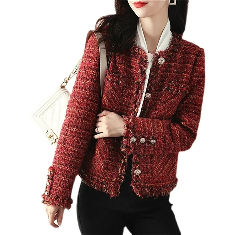 vVintage 2023 Autumn High end Temperament Red Fragrant Coat Women's Short Thick Tweed Fashion Women Slim Thicken Short Jacket