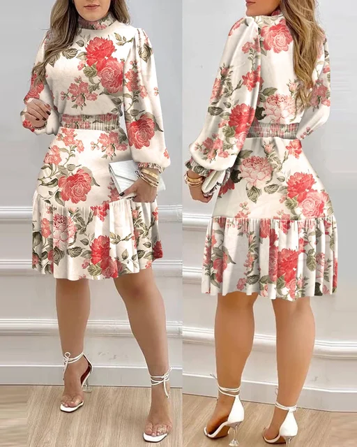 Women Floral Print Shirred Ruffle Dress 1