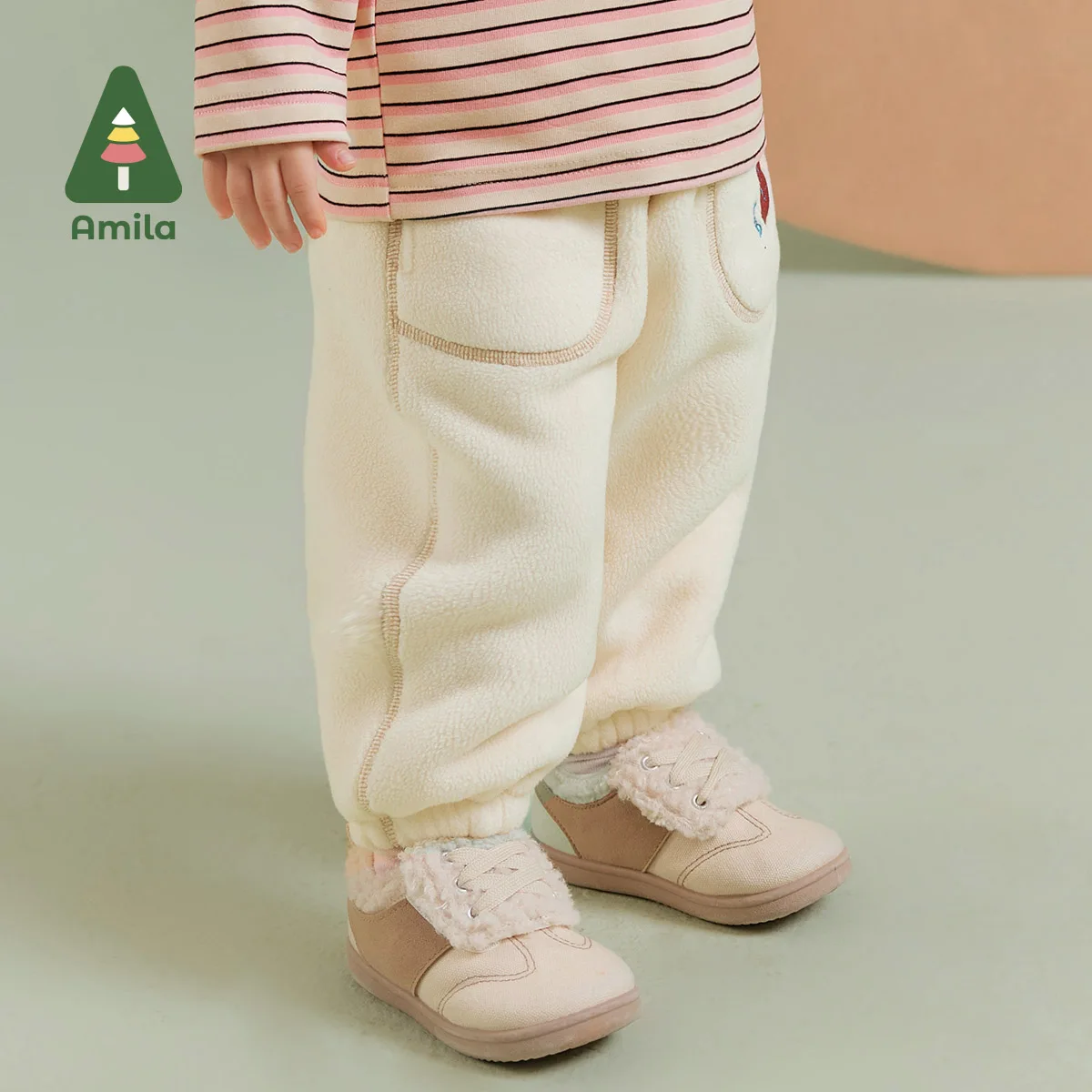 Amila Baby Children Casual Pants 2024 Winter New Multicolour Fleecing Cosy Color Blocking Warm   Baby Clothing