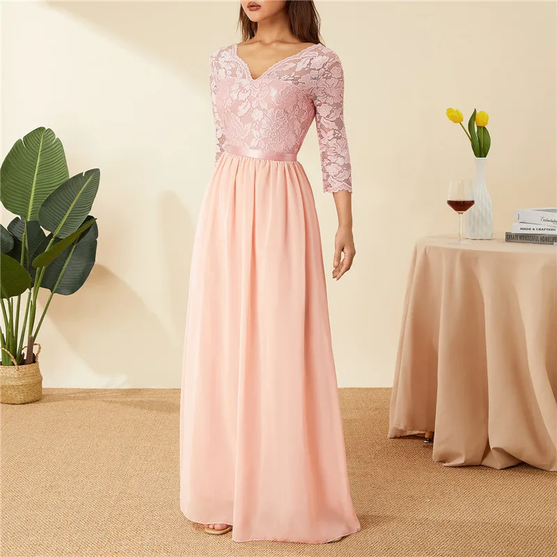 Women Elegant Maxi Long Evening Dress Solid Color Lace Patchwork Backless V Neck High Waist Dress Wedding Party Bridesmaid