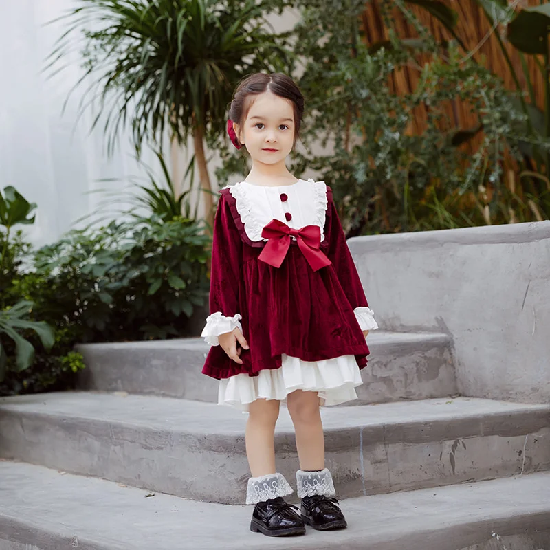 Autumn and Winter Lolita Children's Velvet Dress Bow Lace Skirt Children's Skirt Long Sleeve Princess Dress