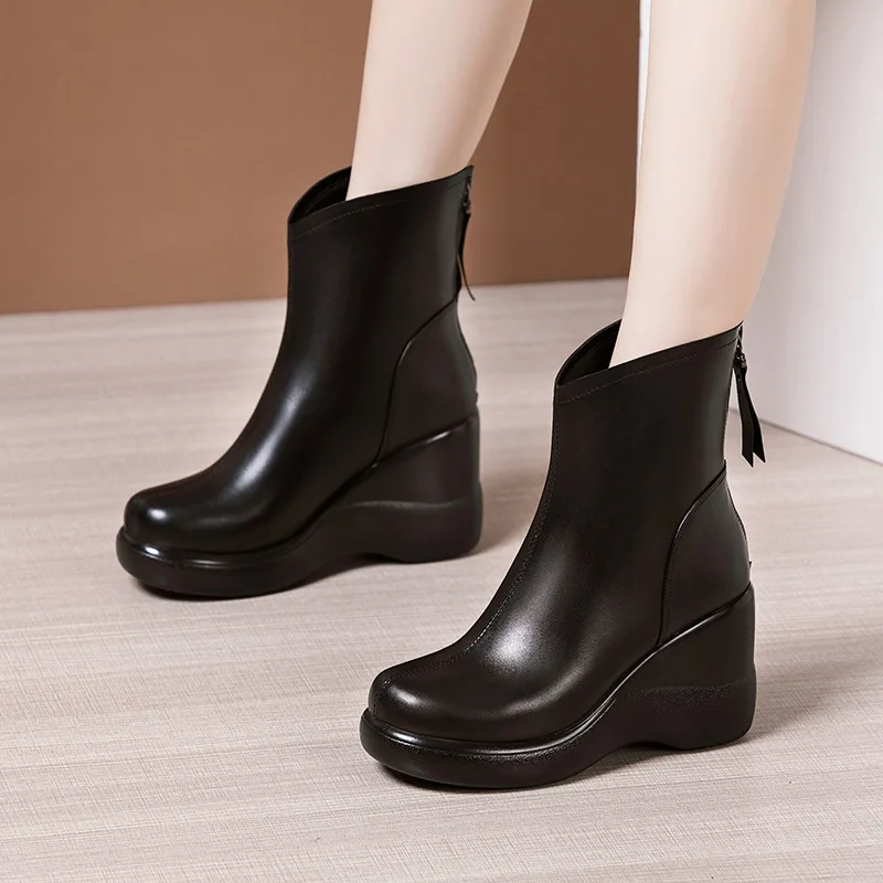 High quality mid calf leather boots for women 8cm wedge  high heel platform new 2023 autumn winter elegant 33 42 43 shoe - black