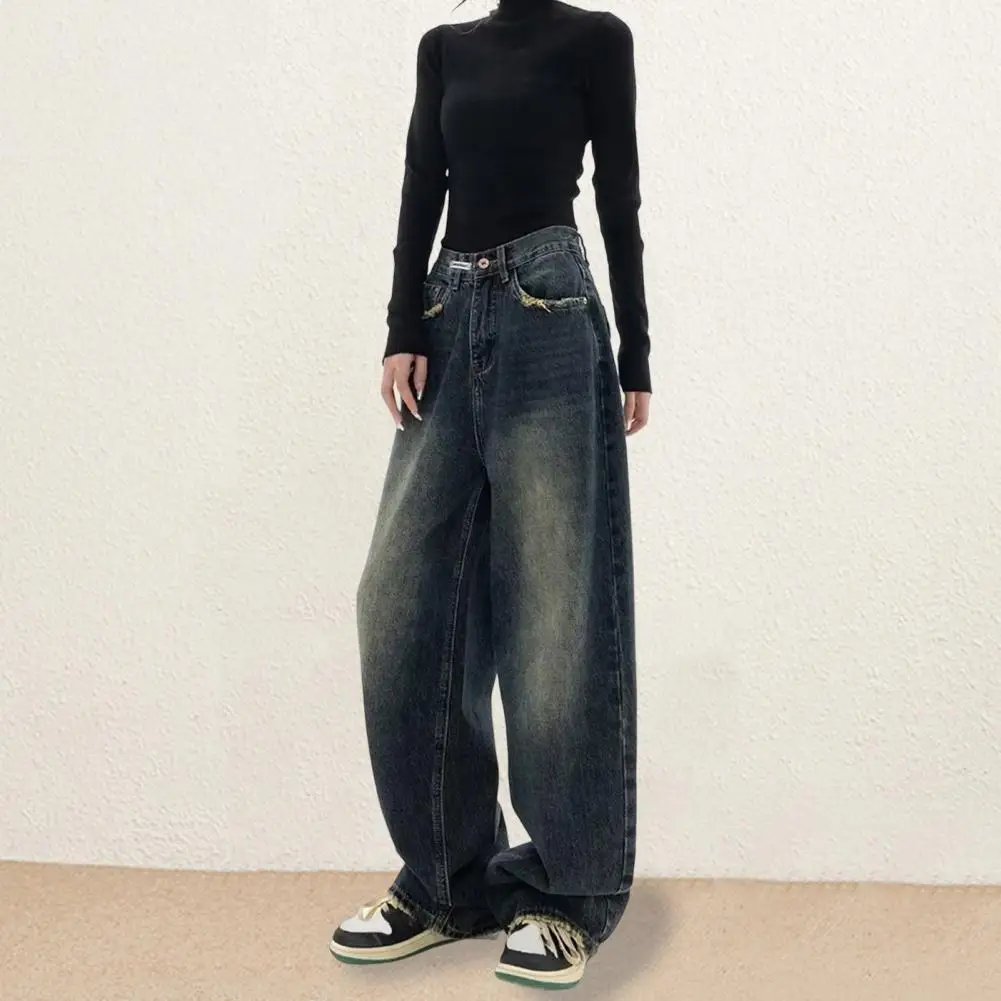 

Distressed Casual Pants Vintage High Waist Wide Leg Denim Jeans with Deep Crotch Pockets Women's Floor Length Loose for Hip