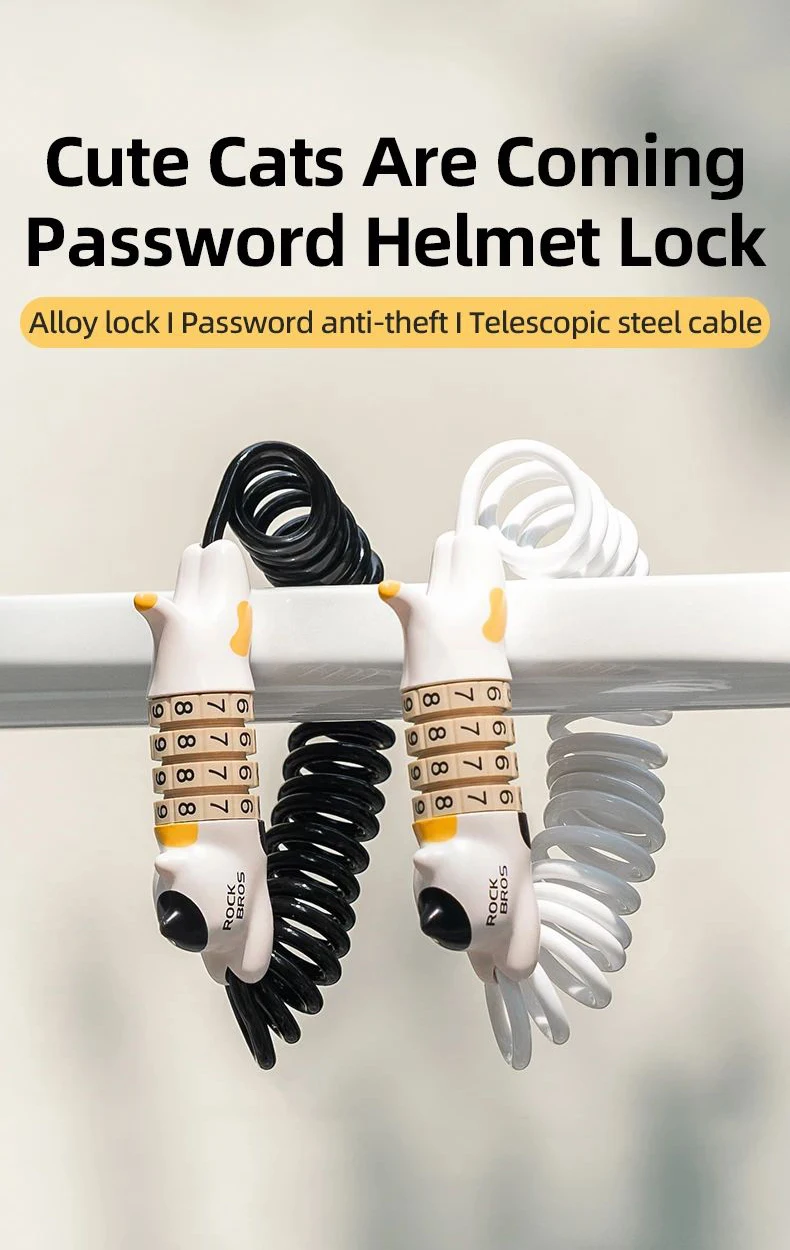 ROCKBROS Bicycle Helmet Lock 4-Digit Combination Password Lock Cartoon Cat Mini Portable Cable Lock Anti-Theft Bike Lock Cycling