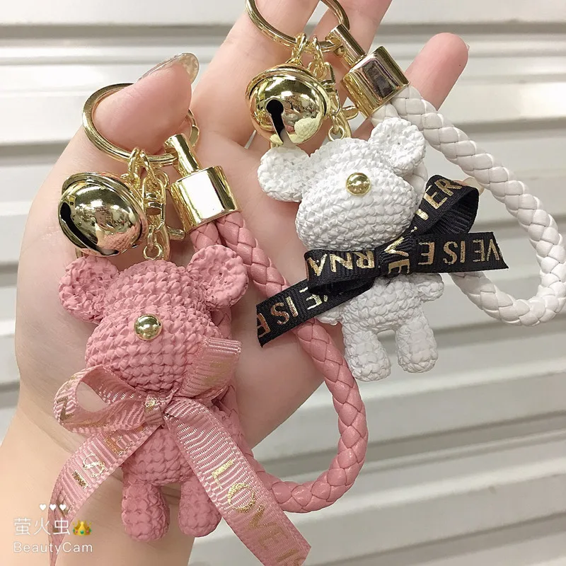 2021 New Leather Weave Rope DIY Bear Keychain Cartoon Cute Animal Doll  Keyring Women Couple Bag Car Charm Key Chain Gift