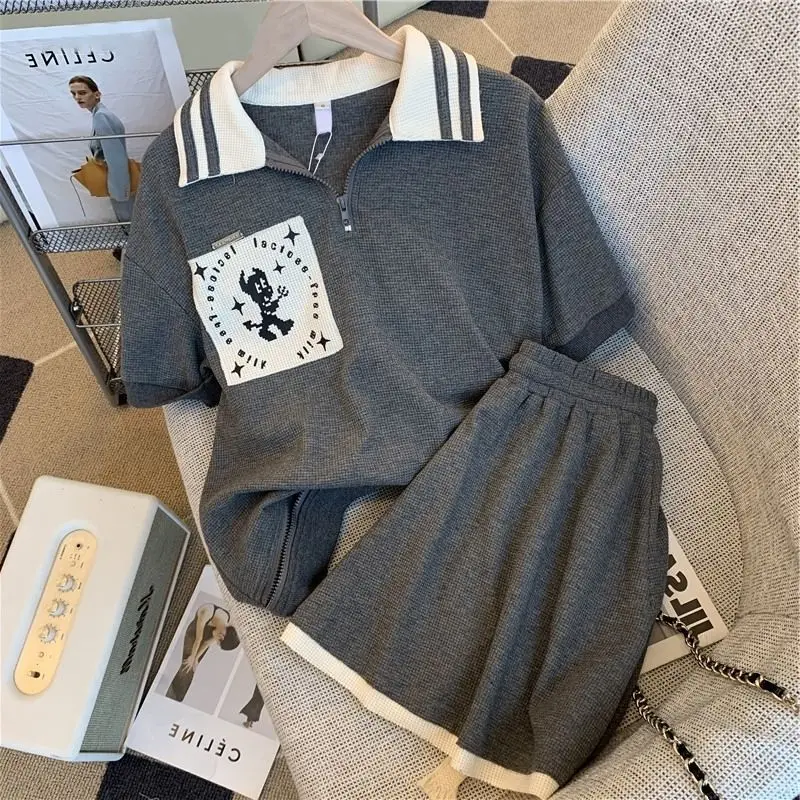 2023 Women Print Two Piece Sets Y2k Short Sleeve Tshirts + Shorts Set New Sports Style Casual Fashion Baggy Ladies Summer Suits