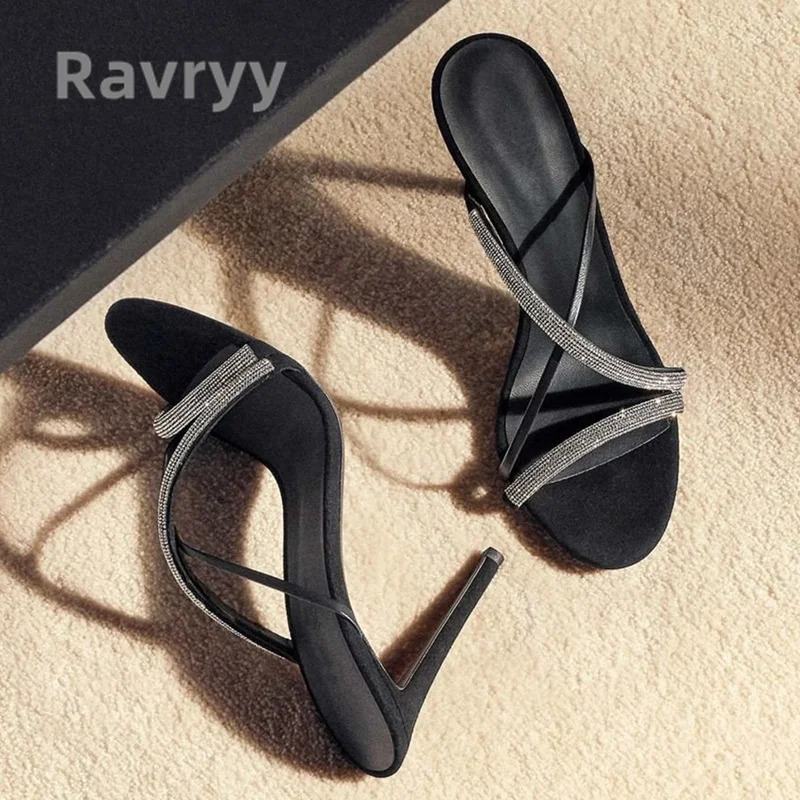 

2023 Summer New 7.5CM/9.5CM Heel Shoes Thin Heel Genuine Leather Rhinestone Strap Slippers Women's Black Versatile Sexy Slippers