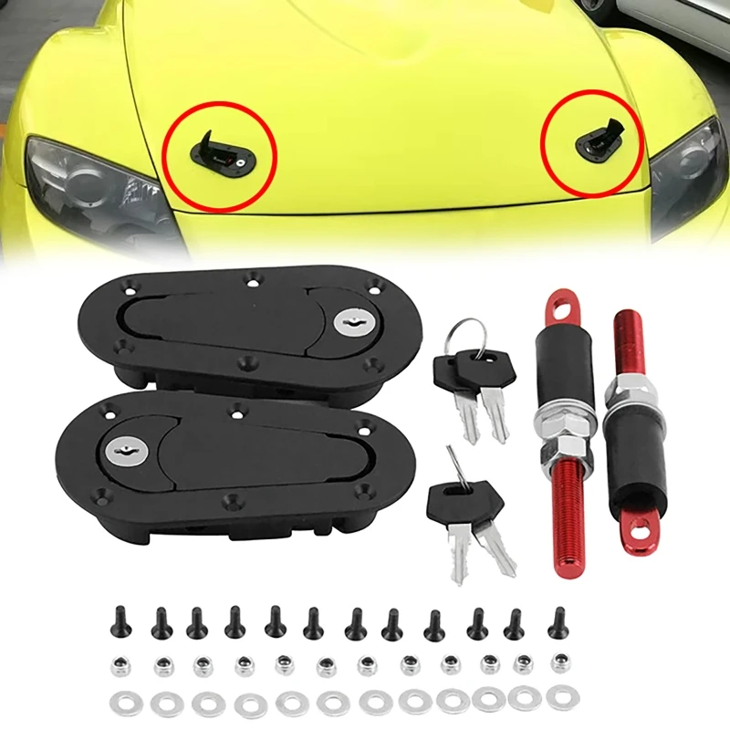 Universal Racing Car Hood Pin Engine Bonnet Latch Lock Mount Kit with without Lock Key 2Pcs