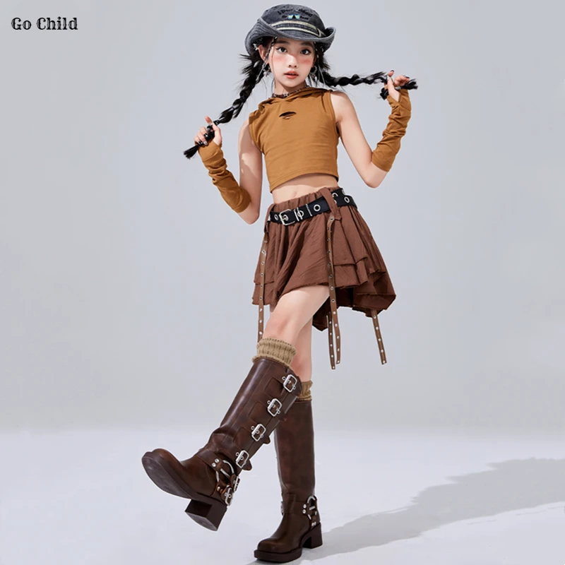 Girls K-pop Wasteland Crop Hoodies Street Dance Tiered Skirts Kids Hip Hop Streetwear Child Jazz Girl Group Costume Clothes Sets 6