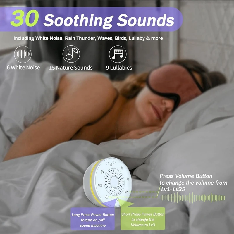 Sleep White Noise Portable Sound Machine For Adults Kids Baby, With 30 Soothing Sounds,5 Color Night Light,3 Timer