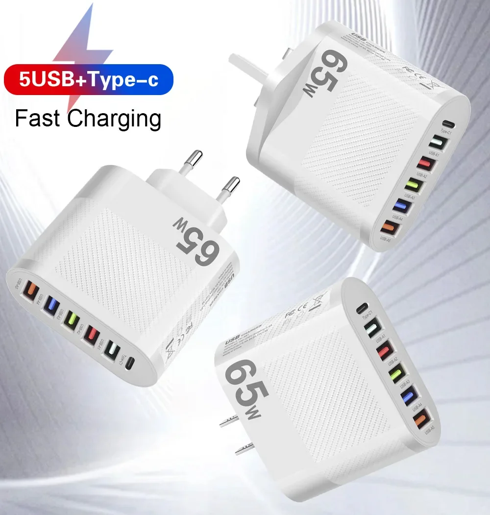 Charger Adapter Battery Charger Power Supply Adapter Fast Charger Battery Charger Adapter 65W 5 USB Type-C Fast Charging Charger For iPhone Xiaomi Samsung Huawei Google Quick Charge Phone Power Adapter Chargers