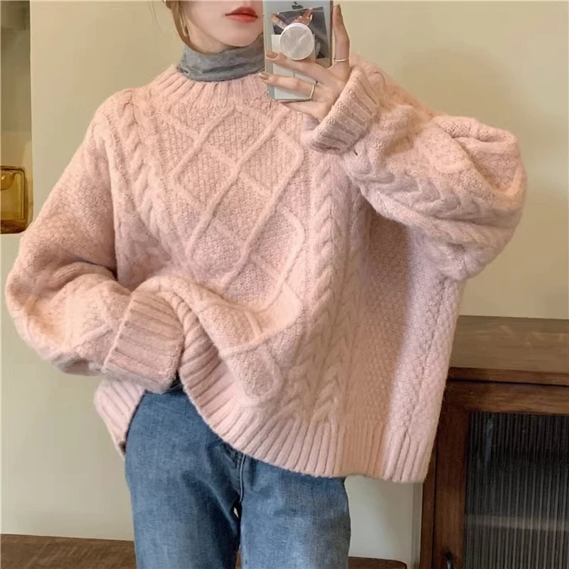 

Gentle Warm Lazy Loose-fit Knit O-neck Tops Vintage Korean Fashion Pullovers Women Streetwear Twist Pattern Long Sleeve Sweaters
