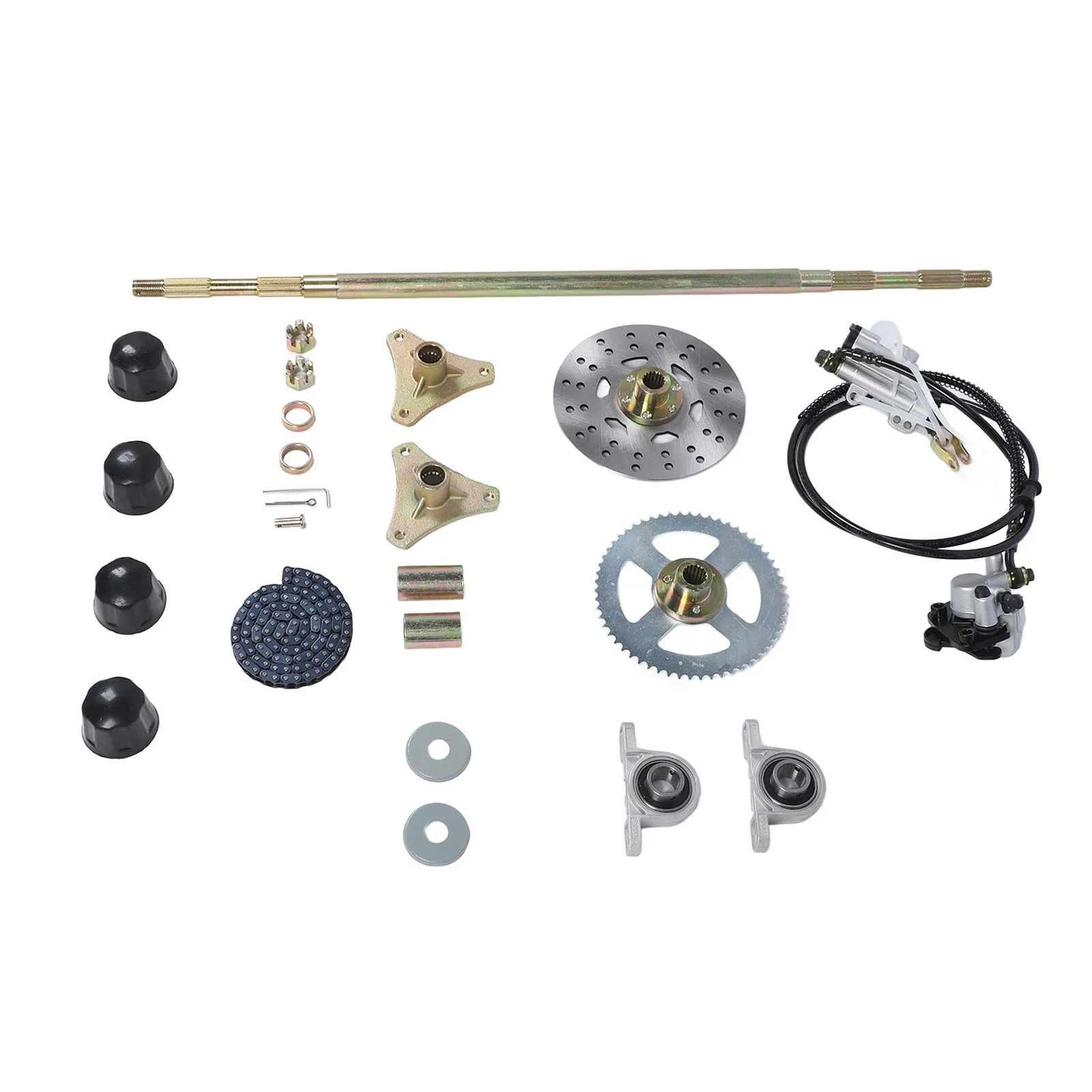 29in Go Kart Rear Live Axle Assembly Kit Axle Sprocket Chain Brake Disc Caliper Wheel Hubs Replacement for 50cc 70cc 90cc ATV