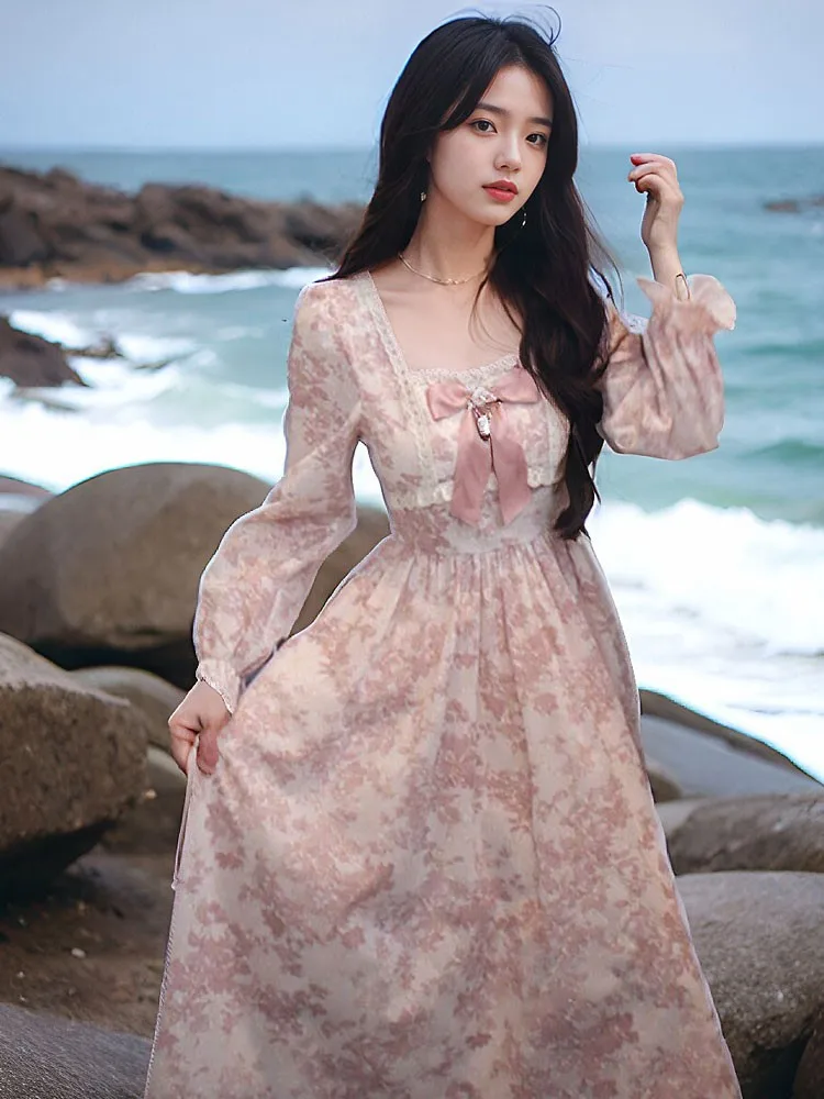 

Elegant Long Pink Floral Printed Flowers Dress Midi Small