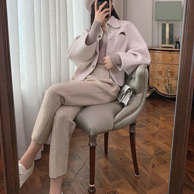 2024 Thick Loose Straight Wide-Leg Casual Cropped Cashmere Knitted Radish Grandma's Pants Women Wholesale