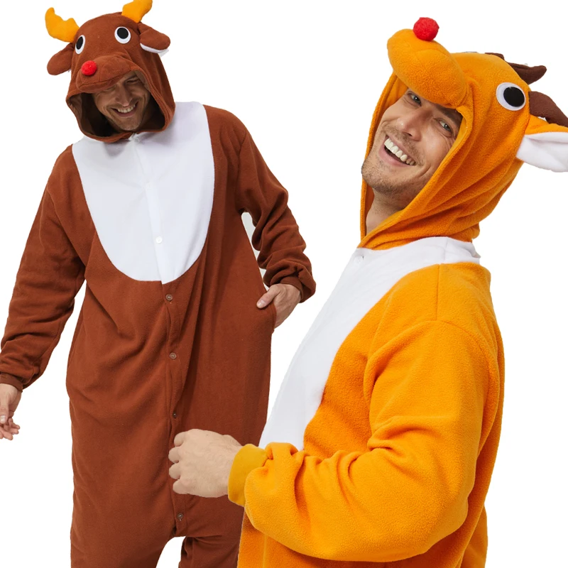 Elk adult unisex animal cosplay game costume kigurumi men one piece pajamas halloween christmas party hooded cartoon pajamas