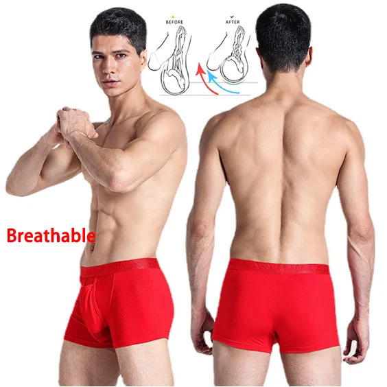 Man Sexy Breathable Lingerie Red Penis Pouch Boxers Low Waist Fashion Underwear Soft Gay Erotic Panties Chinese Style Boy Shorts