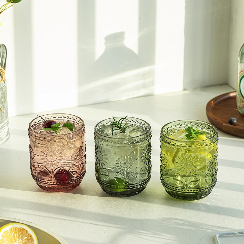 Drinking Glass 360ML Creative Embossed Glass Petal Water Cup European Juice Wine Glass Home Party Drink Cup Ins Style