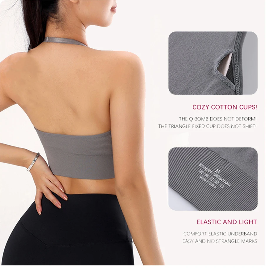 Women Lingerie Bra Flarixa Halter Sports Bra Women Seamless Padded Activewear Bra Fitness Yoga Top Bralette Back Invisible Gym Workout Underwear