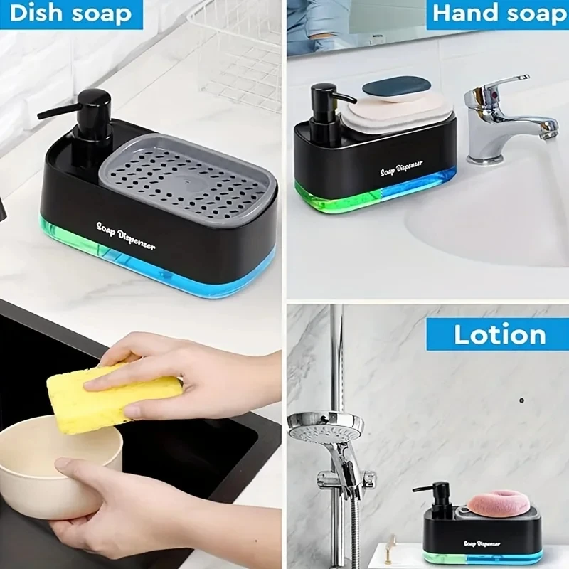Multifunctional Kitchen & Bathroom Soap Dispenser with Sponge Holder-Space Saving Countertop Organizer, No Electricity Required