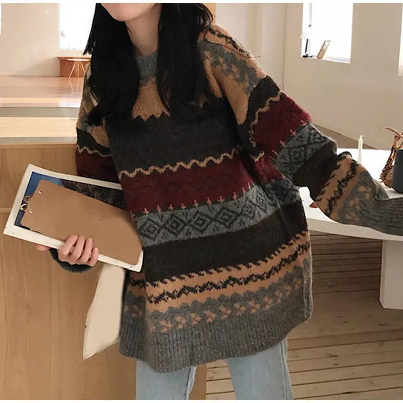 Women Vintage Patchwork Knitted Pullover Sweater O-Neck Long Sleeve Striped Ladies Jumpers Loose Casual 2021 Female Preppy Style red sweater