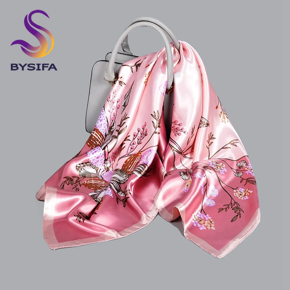 

BYSIFA| Pink New Silk Shawl Scarf Women Fashion Elegant Floral Square Satin Scarves Fouldard Fall Winter Neck Scarves Hijiabs