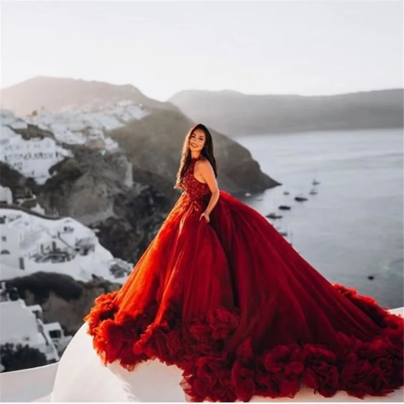 Kadisua wspaniała czerwona suknia ślubna suknia balowa Puff bez rękawów aplikacje na Halter eleganckie damskie formalna okazja Vestidos de Novia