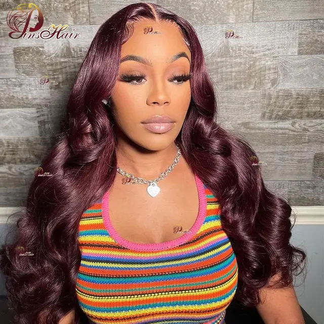 Perruques Lace Front Cheveux Humains Couleur Bourgogne Pré-Pluckées Body Wave 13x4 pour Femmes, Perruque Lace Front Remy 180