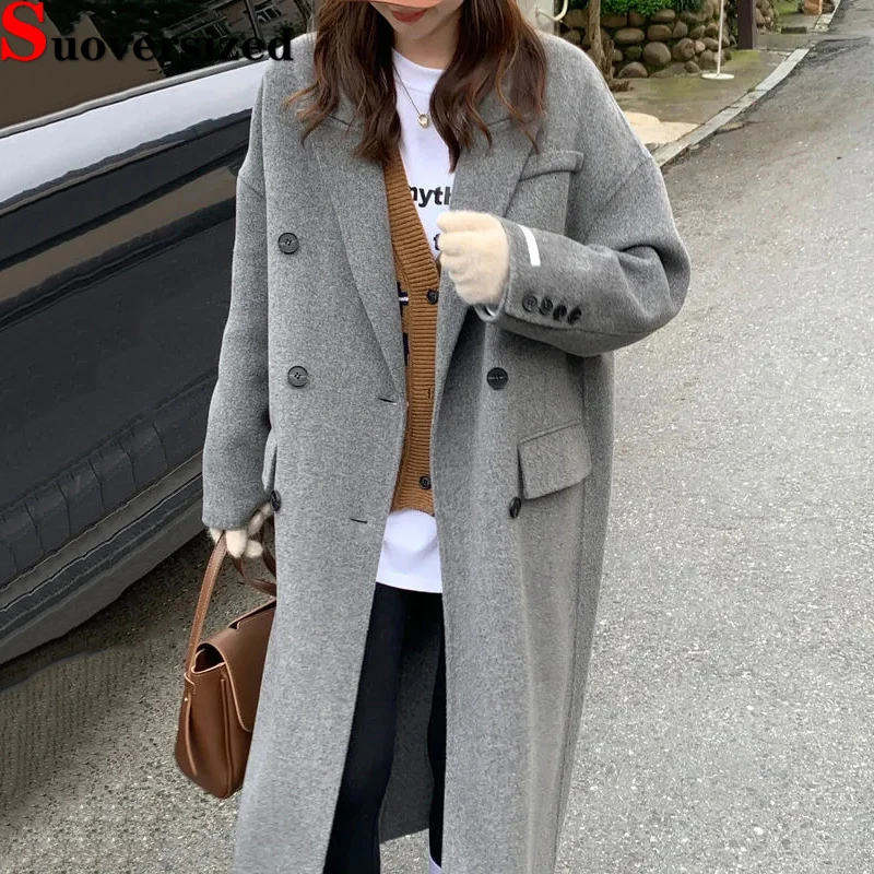 

Korean Gray Long Woolen Coats Winter Quilted Loose Overcoat Fashion Double Breasted Thicken Jackets Women's Warm Luxury Abrigos