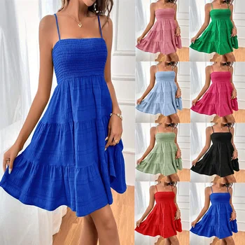 Women's Fashion Spaghetti Strap Smocked Bustier Mini Dress Blue Ruffled Tiered Swing Dress Summer Casual Vacation Beach Wear 1