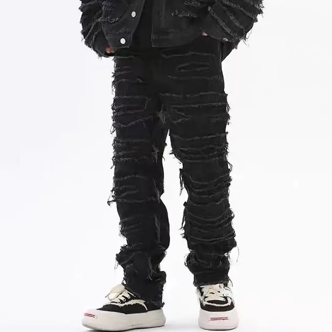 Mens Flared Pants Retro Patchwork Street Style Mens Vintage Ripped Long Jeans Stacked Pants Baggy Washed Faded Jeans For Men