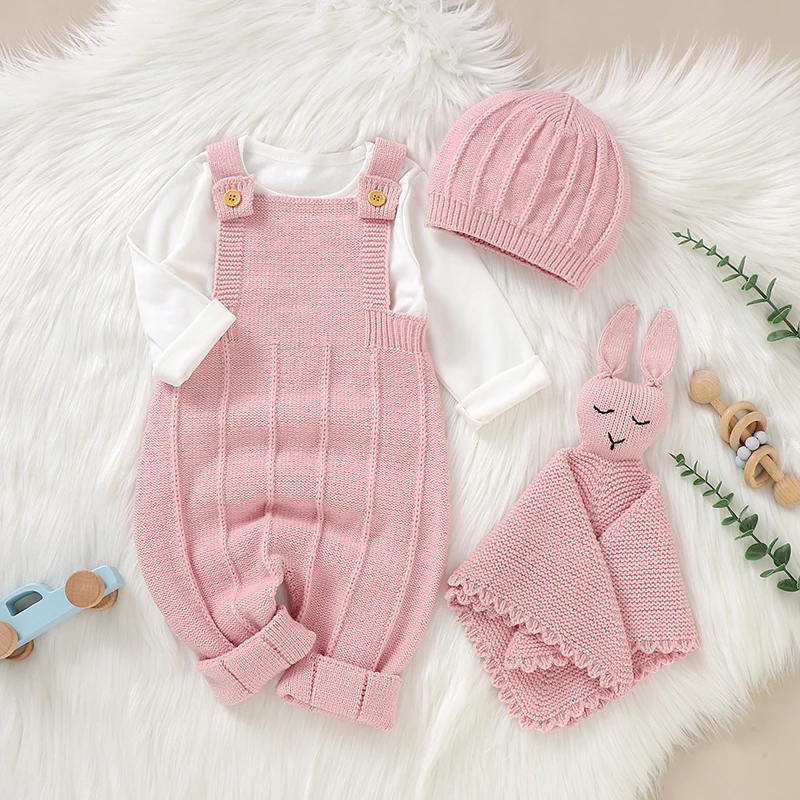 

0-18m Newborn Baby Rompers Infant Kids Girls Pink Sleeveless Knitted Jumpsuits Hats Appease Towel Outfits Sets Children Clothing