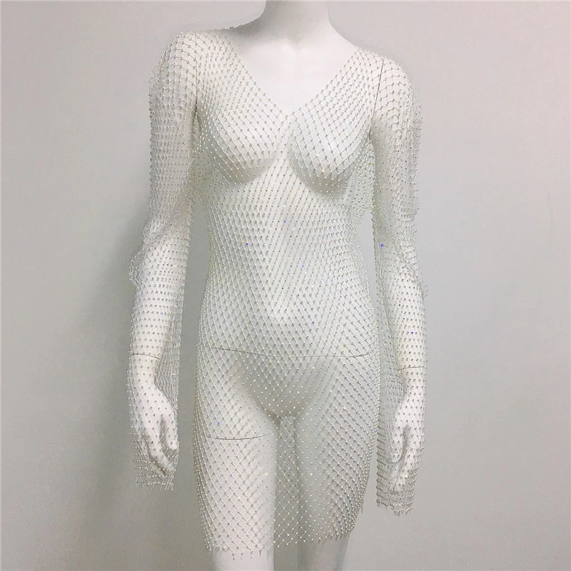 Glänzende Strass Fisch netz Kleid Langarm V-Ausschnitt Hollw funkelnde Diamant Kleider sexy Strand vertuschen atmungsaktive Frauen Vestidos – Detail 5