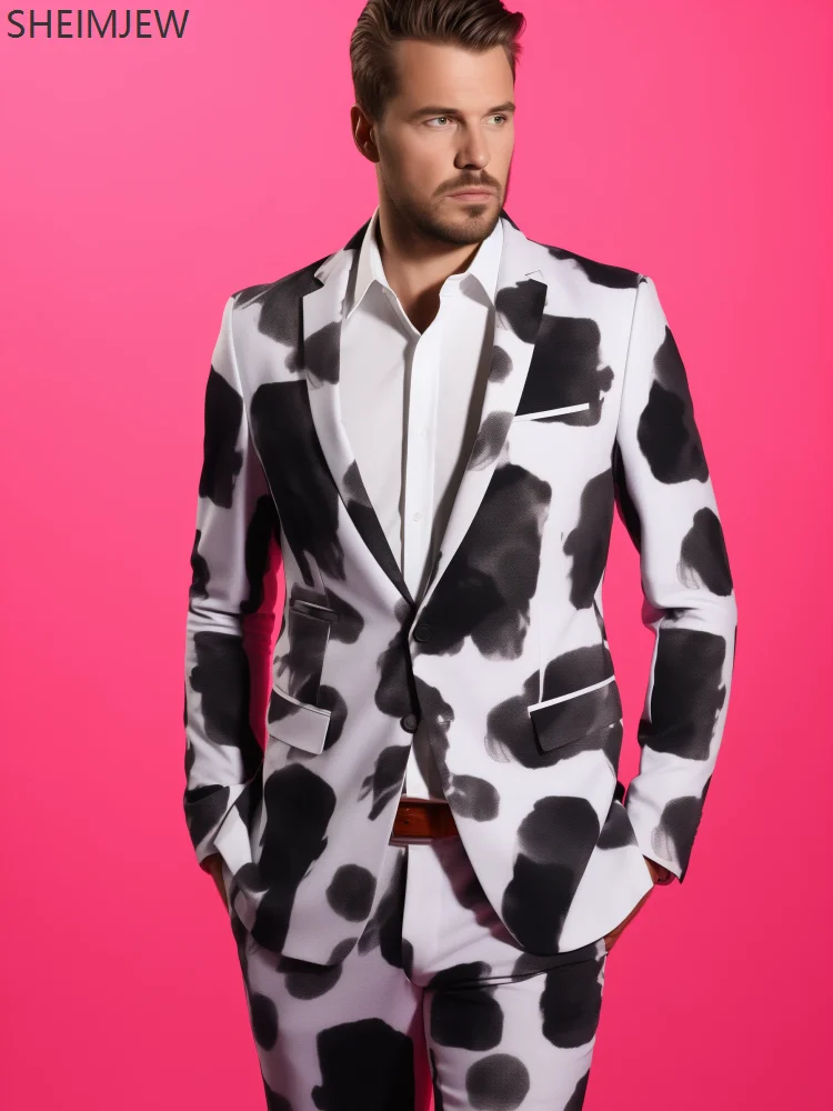 American Flag Men's Suit Set Adult Cow Graffiti Print Wedding Party Cosplay Fashion Evening Dress Costume Stage Gentleman Slim