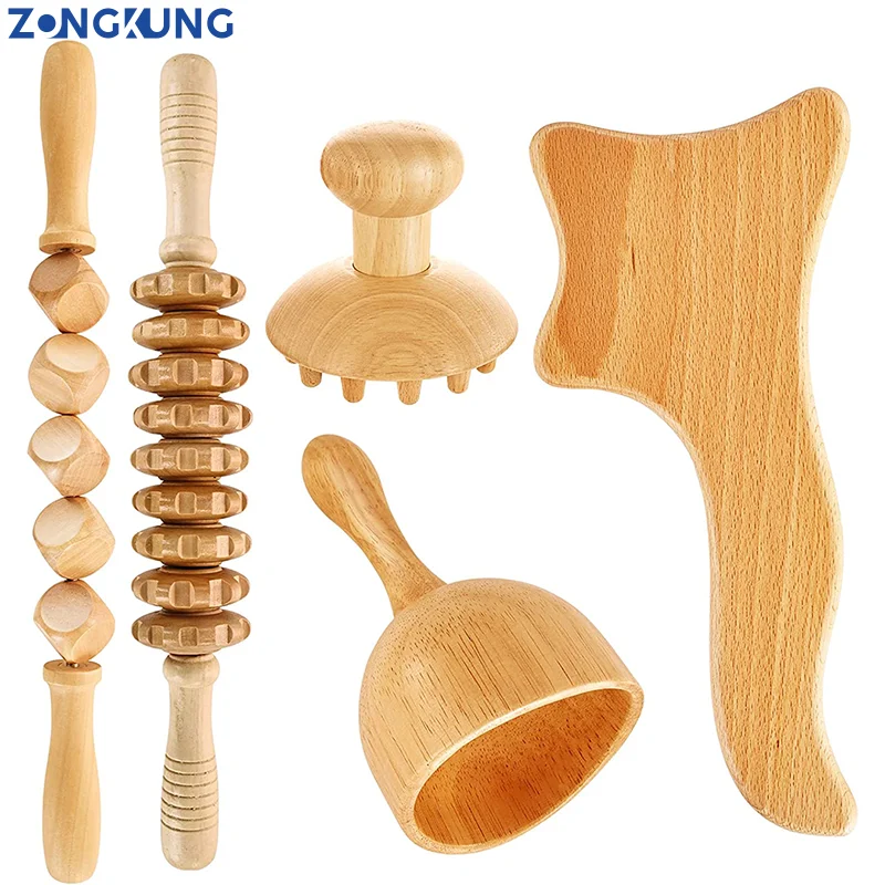 Zongkung Wood Therapy Massage Stick Maderoterapia Kit Wooden Gua Sha Set Lymphatic Drainage