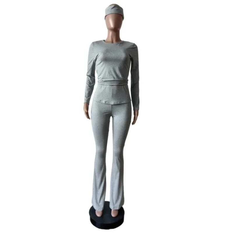Women Solid Yoga 3 Piece Set Headband + O-neck Full Sleeve Crop Tops + Lapel High Waist Flare Pants Slim Fitness Workout Suits 3