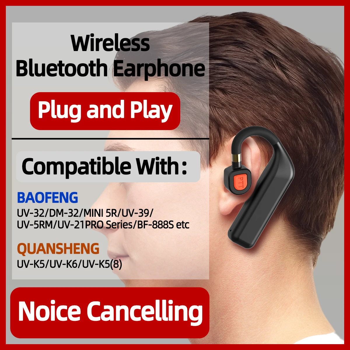 ABBREE BT-E2 워키 토키 무선 블루투스 이어폰 2.4G 소음 감소 Baofeng UV-5R UV-5RH Quansheng 양방향 라디오용