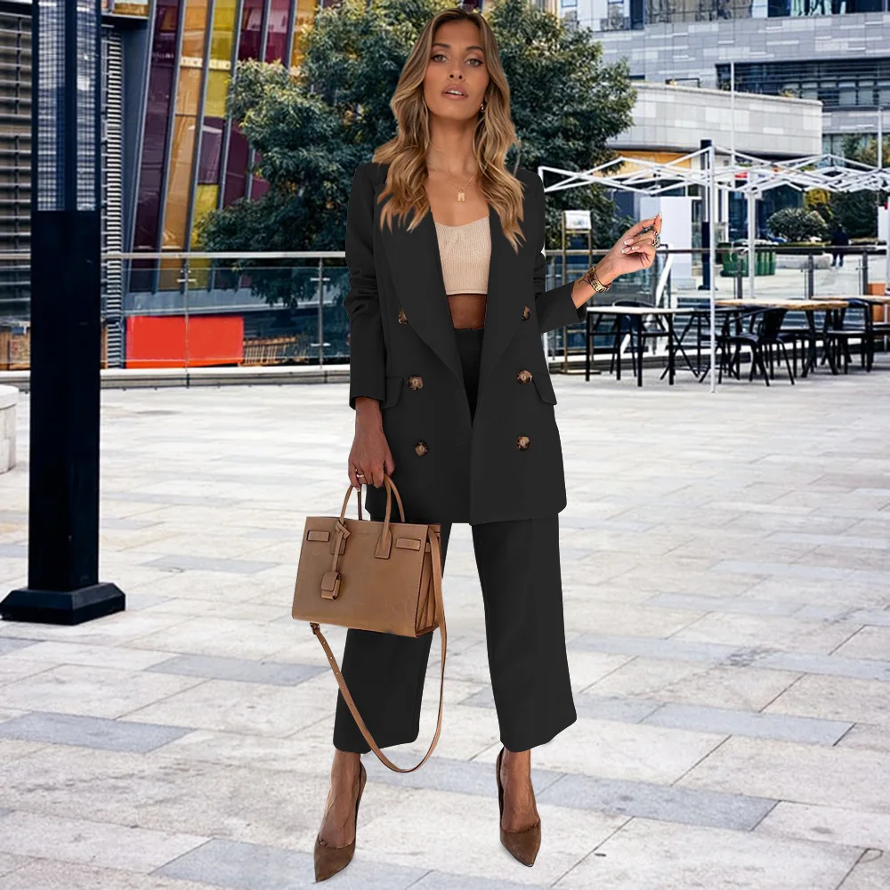 

British style temperament double-breasted long-sleeved suit jacket straight trousers professional ladies suit