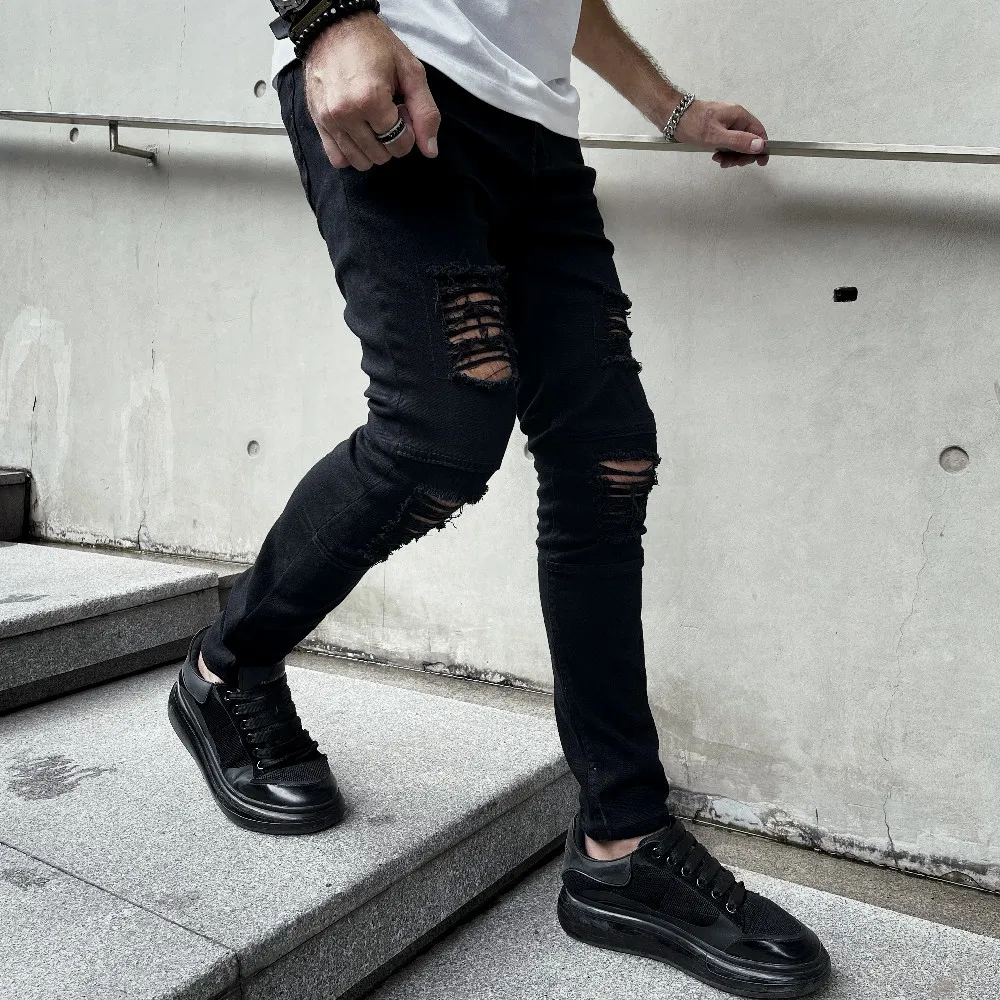 Men Ripped Skinny Pencil Jeans Stylish Slim Holes Casual Denim Pants for men jeans,ripped jeans