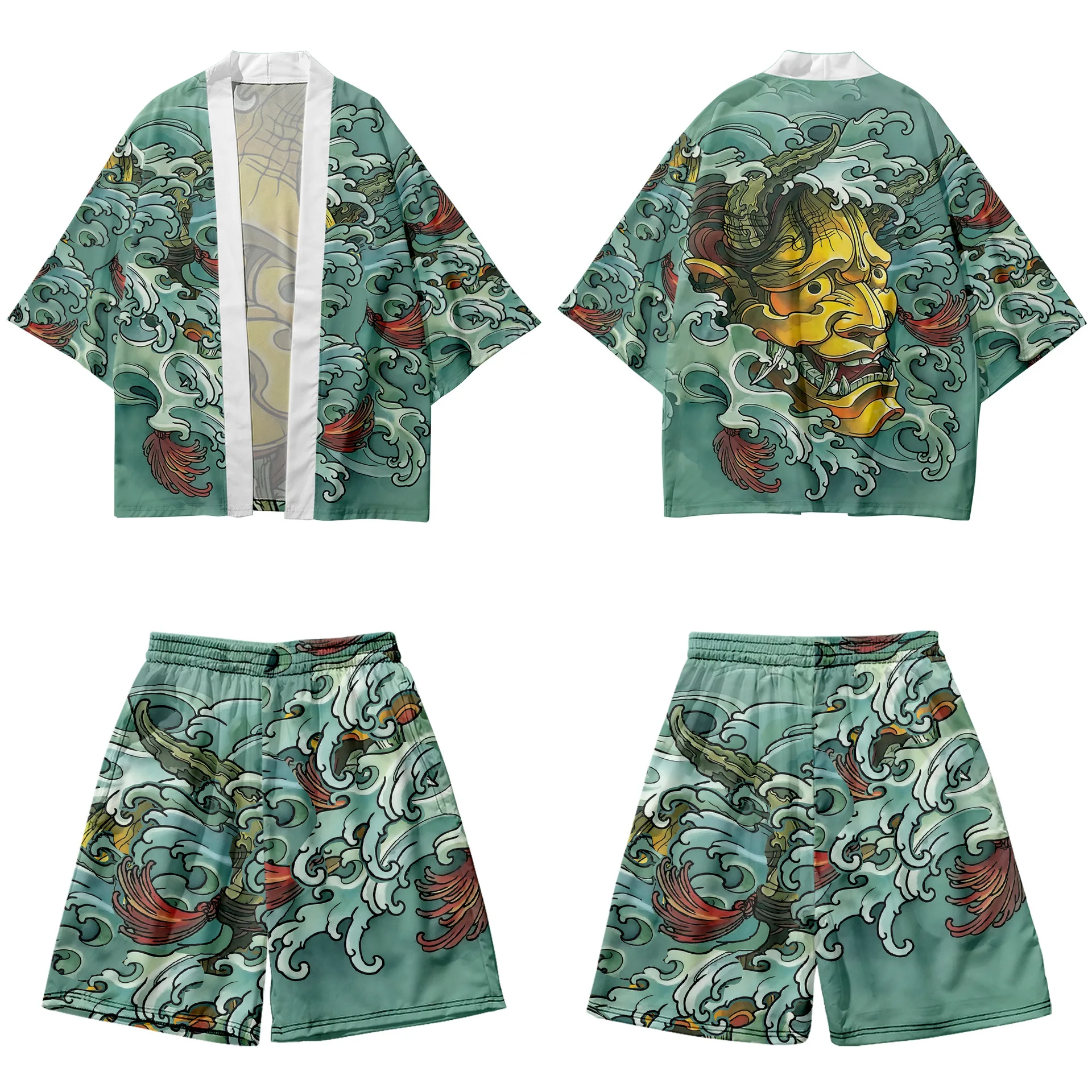 Summer Two-piece Suit Vintage Japanese Loose Cardigan Haori Yukata Green Demon Print Kimono Shorts Sets