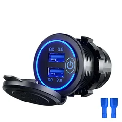 Dual USB Fast Car Charger with Touch Switch & LED Light - Waterproof QC3.0 Power Outlet (Blue)