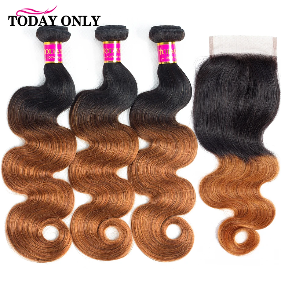

Ombre Body Wave Bundles With Closure Human Hair Brazilian Wavy Bundles With Closure 1B/30 Colored Bundles With HD Lace Closure