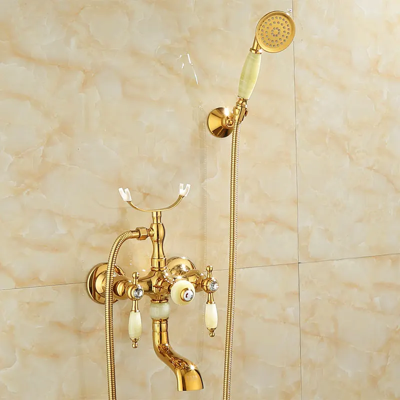 

Sijie Noah European style all copper natural jade simple bathtub shower set, golden triple faucet