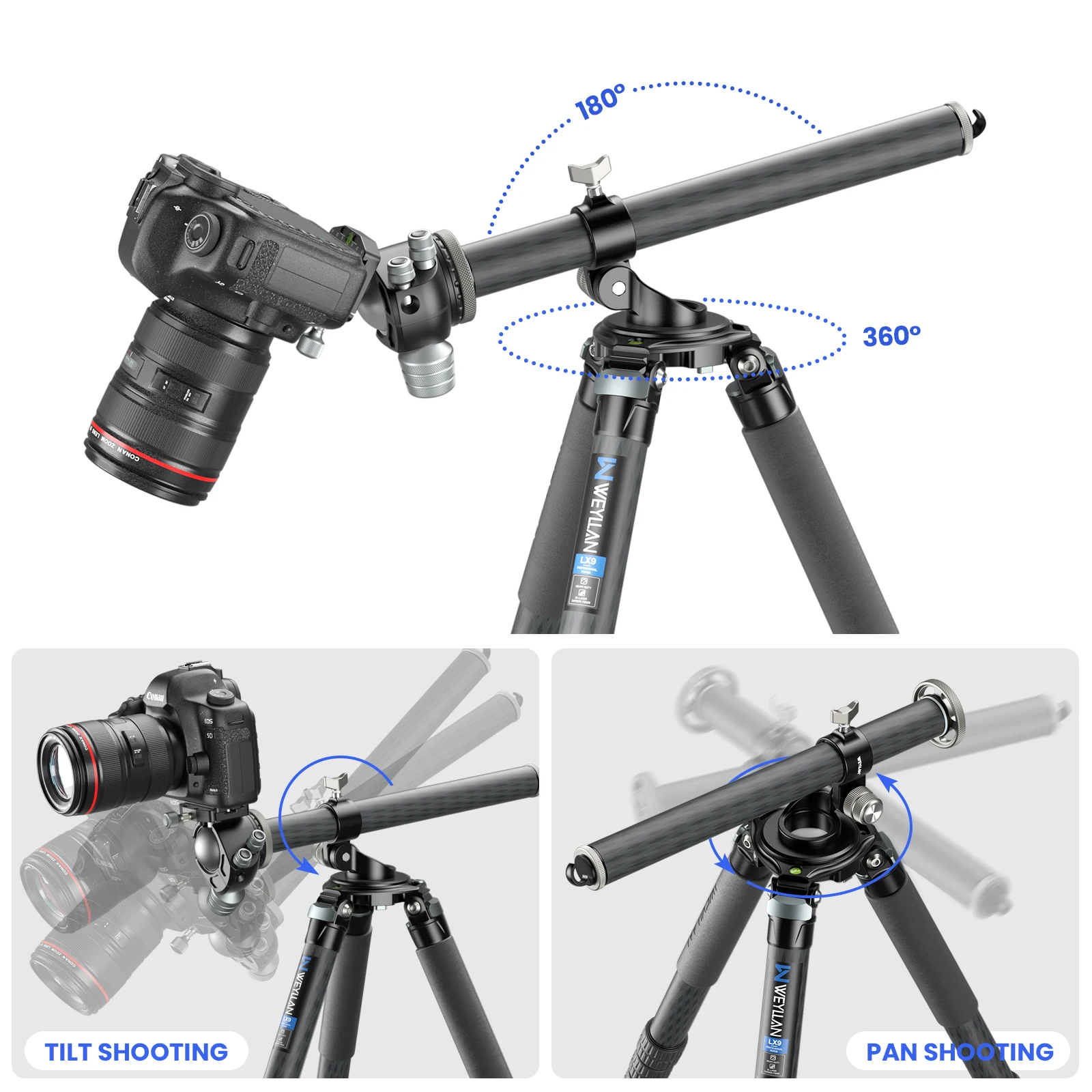 TZ8 Professional Tripod Horizontal Center Column Carbon Fiber Tripod Extension 4