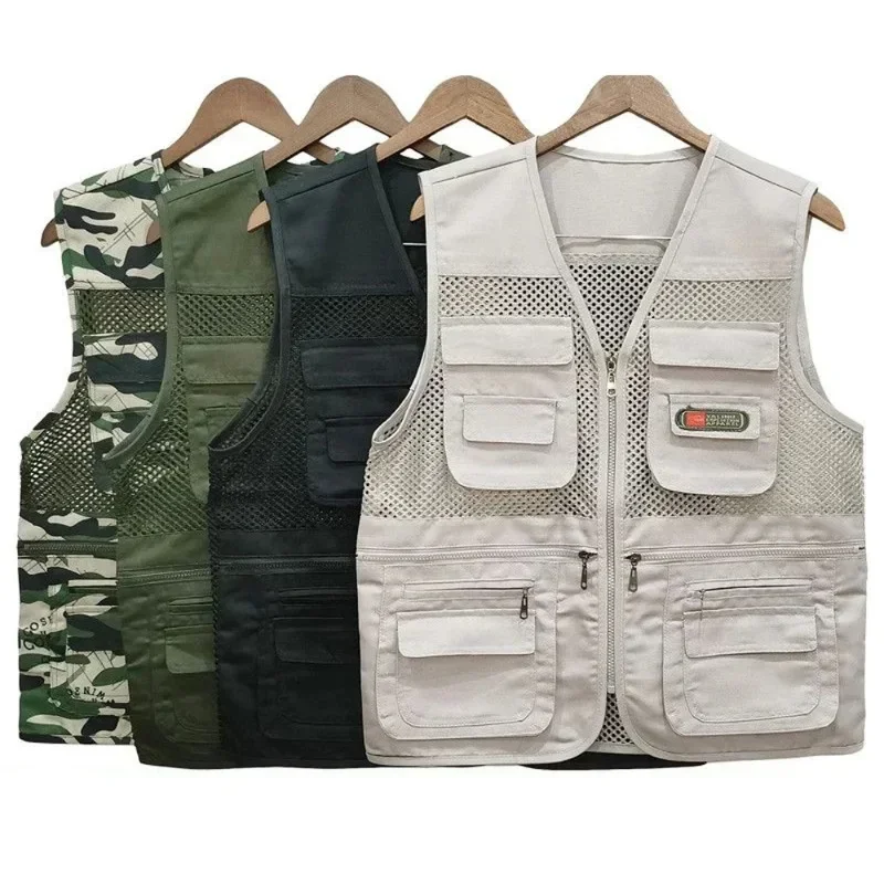 Summer Men's Sleeveless Vests Casual Solid Color Multi-pocket Mesh Patchwork Breathable Camping Fishing Photography Top